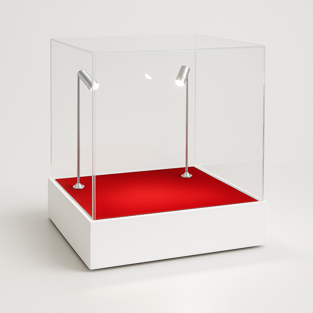 totem da banco con tessuto rosso e faretti led
